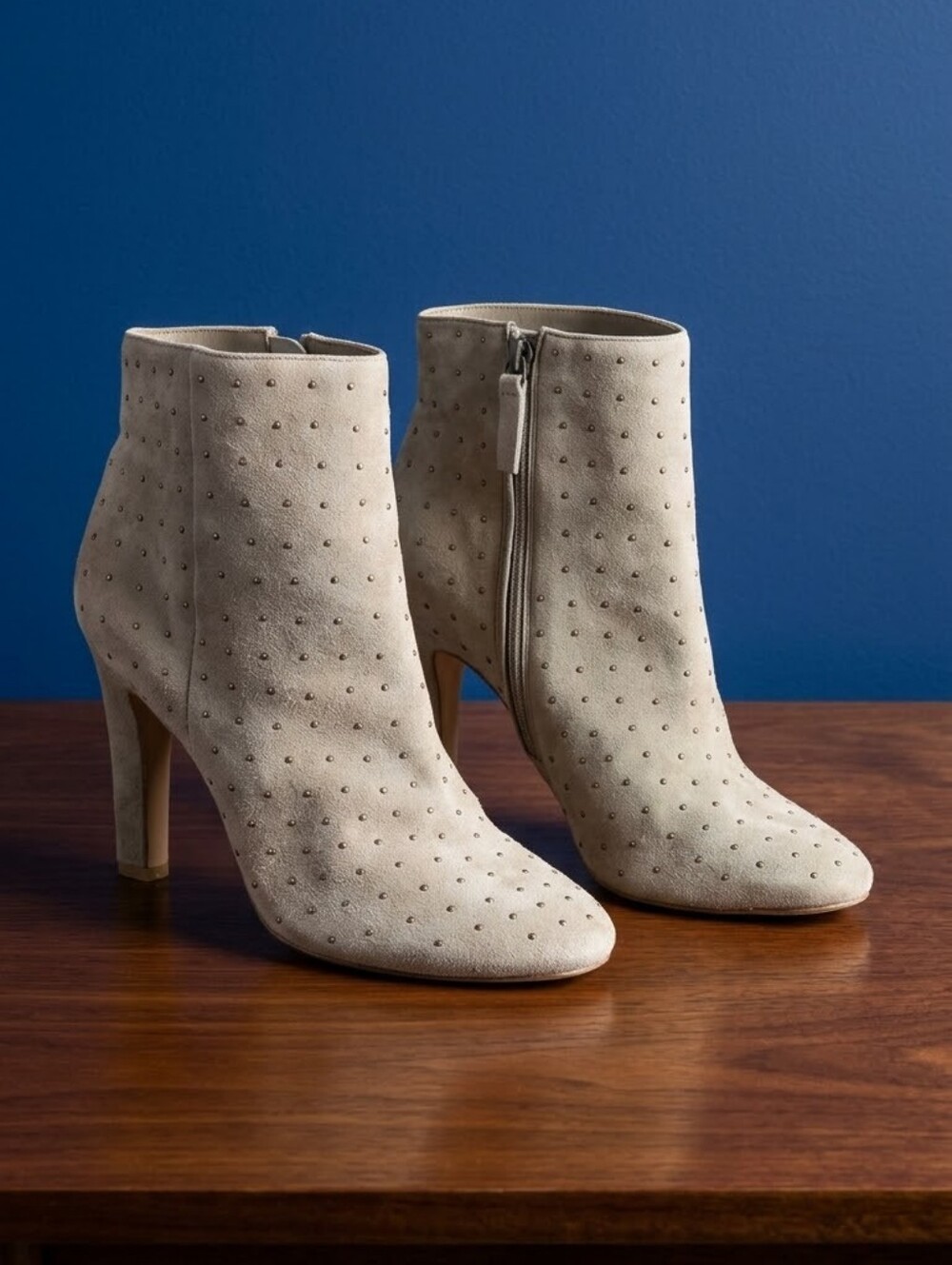 Joie Light Beige Suede Studded Ankle Heel Boots